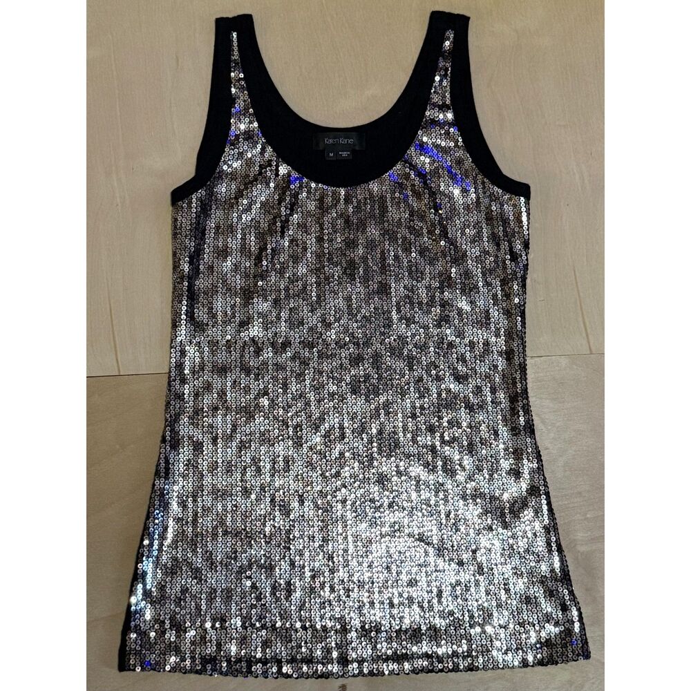 Karen Kane Metallic Silver Sequin Tank Scoop Neck Camisole Mob Wife Y2K Glam M